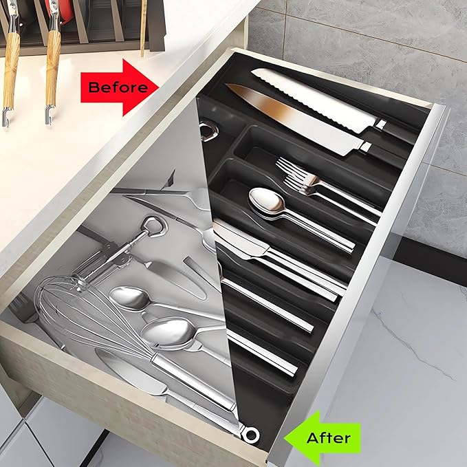 Iopsk Flatware Organizers - Kitchen Drawer Organizer for Utensils and Silverware Expandable Silverware Holder and Cutlery Tray Black Kitchen Decor and Accessories Large Storage Capacity