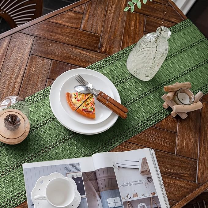 Alynsehom Macrame Table Runner Green Boho Table Runners with Tassels Hand Woven Cotton Table Runner Rustic Farmhouse Table Runners for Bohemian Kitchen Dining Table(12x36in)