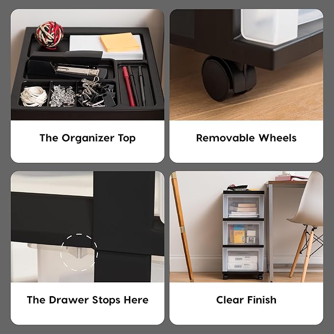 IRIS USA Plastic Drawer Storage Organizer Rolling Cart, with Wheels Casters, 3-Drawers, for Classroom Art Craft Supplies Dresser Closet Bathroom Laundry Room, Black/Clear