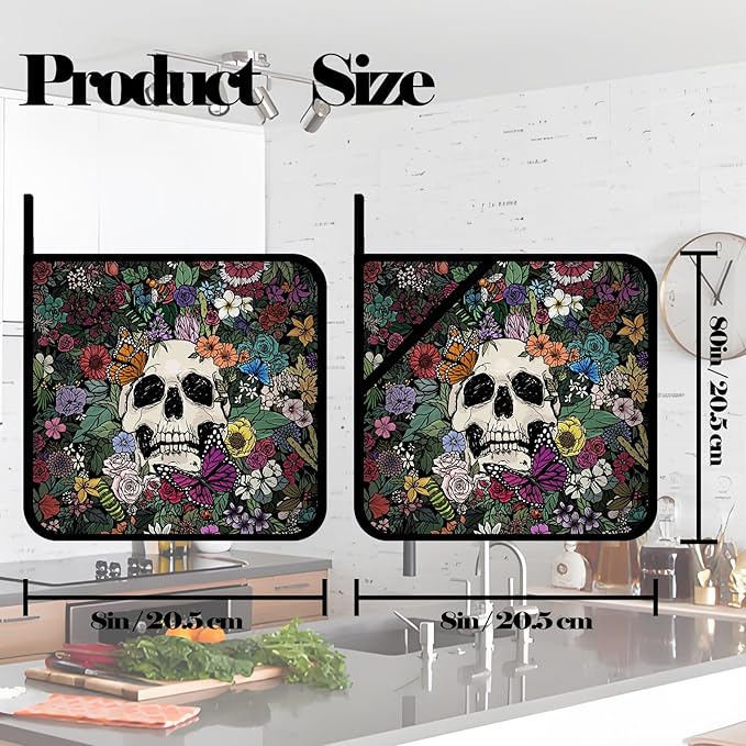 Skulls and Flowers Pot Holders 2 PCS,Kitchen Heat Resistant Hot Pads for Cooking Grilling Baking BBQ, Pot Holders for Women Cook Home Microwave
