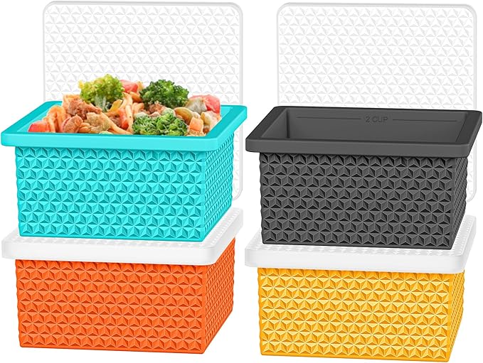 Silicone Freezer Molds for Soup Cube - 2-Cup Freezer Storage Container Tray with Lid,4 Pack Stackable Ice Cube Trays for Portion Control,Food Storage & Meal Prep (Lake Blue+Dark Gray+Orange+Yellow)