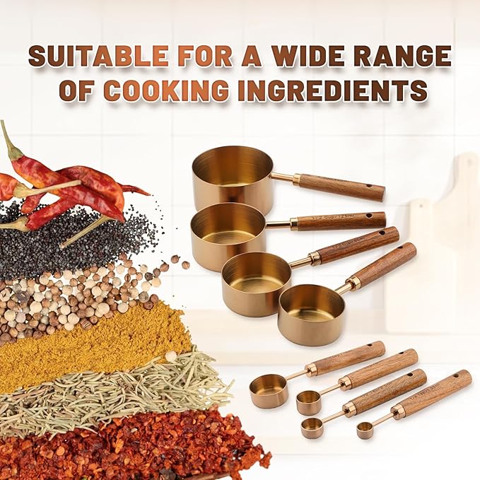 Premium Measuring Cups and Spoons Set with Wood Handle, 8-Pieces Stainless Steel Liquid and Dry Measuring Cup Set for Baking, Cooking, Coffee with Ergonomic Grip & Engraved Markings (Bronze8)