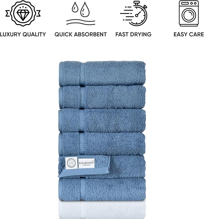 SALBAKOS 100% Turkish Cotton Hand Towels Set 6-Piece Blue 16x30 in | Luxury Premium Quality Thick Super Absorbent Turkish Hand Towel for Bathroom & Kitchen | Made in Turkey (Blue, 6 Hand Towels)