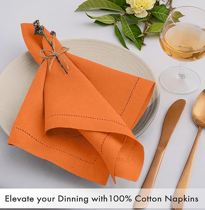 Ruvanti Cloth Napkins Set of 12, 100% Cotton High GSM 18x18 Inches, Hem Stitched Corners, Soft, Washable, Highly Durable & Absorbent, Perfect for Parties, Christmas, Thanksgiving Dinners – Orange Peel