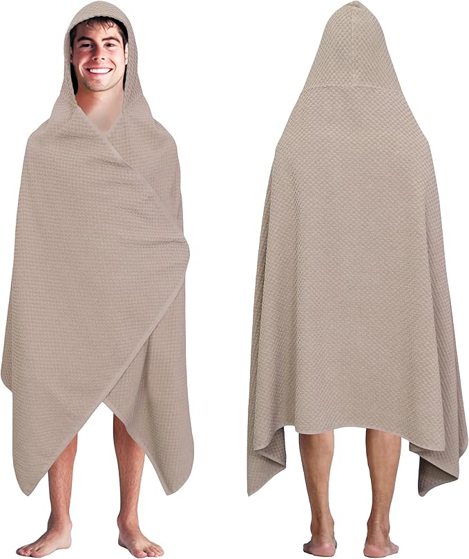 COTTON CRAFT Hooded Bath Towel – Oversized 35 x 70 Waffle Weave Towel with Hood for Adults - 100% Ringspun Cotton Pool Bath Sheet Wrap with Hood - Soft Super Absorbent Quick Dry – 450 GSM – Linen