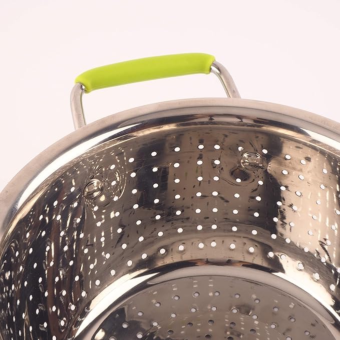 Stainless Steel Deep Colander Micro-perforated 2.5 Quart Metal Food Strainer with Green Silicone Handles for Draining Pasta Cleaning Food like Fruit