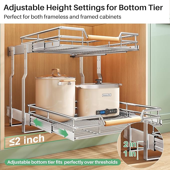 Pull out Cabinet Organizer, 2 Tiers 15"W X 21"D, Heavy Duty Smooth Sliding Under Cabinet Shelves for Pots and Pans, Full-Extension Roll out Drawers, Slide out Organization for Home Kitchen Pantry