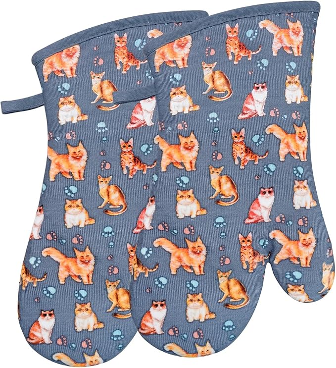 Oven Mitts Gloves 1 Pair Heat Resistant 480 ℉ Non Slip Clear Silicone Printed Cat Comfortable Cotton Lining Kitchen Men Cooking Barbecue Machine Washable (Cat, Grey Mitts)