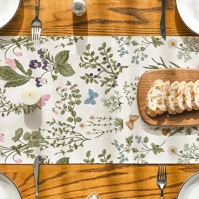 Artoid Mode Wildflowers Floral Spring Table Runner, Butterfly Seasonal Summer Kitchen Dining Table Decoration for Home Party Decor 13x36 Inch