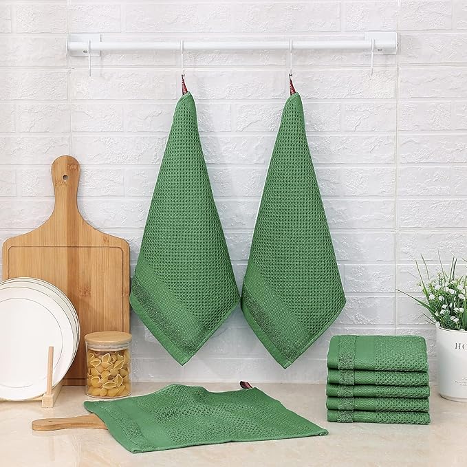 Homaxy 100% Cotton Dish Cloths, 8 Pack - 12 x 12 Inches, Waffle Weave Super Soft and Absorbent Dish Towels Quick Drying Dishcloths, Grass Green