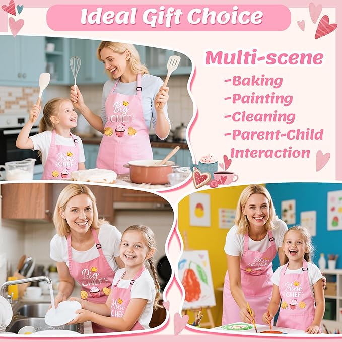 R HORSE 2Pcs Adults Kids Matching Apron Set - Mommy and Me Adjustable Kitchen Apron with 2 Pockets - Parent and Child Matching Gift for Women Kid Cooking Baking Painting Training Gardening