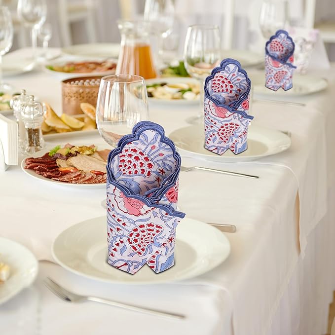 Ridhi Hand Block Print Pigeon Blue 18" x 18" (Set of 4) Embroidery Table Napkins Reusable Cotton Dinner Napkins for Weddings, Parties, Everyday Dining Gift for Spring, Easter, Valentine