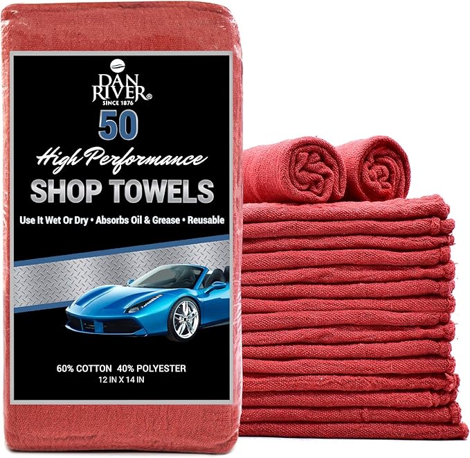 DAN RIVER Shop Towels, 50 Pack Commercial Use Red Terry Cloth Rags for Cleaning Cars & Household Surfaces – Well Absorbent, Reusable Cleaning Rags & Wash Clothes – Washable Towels