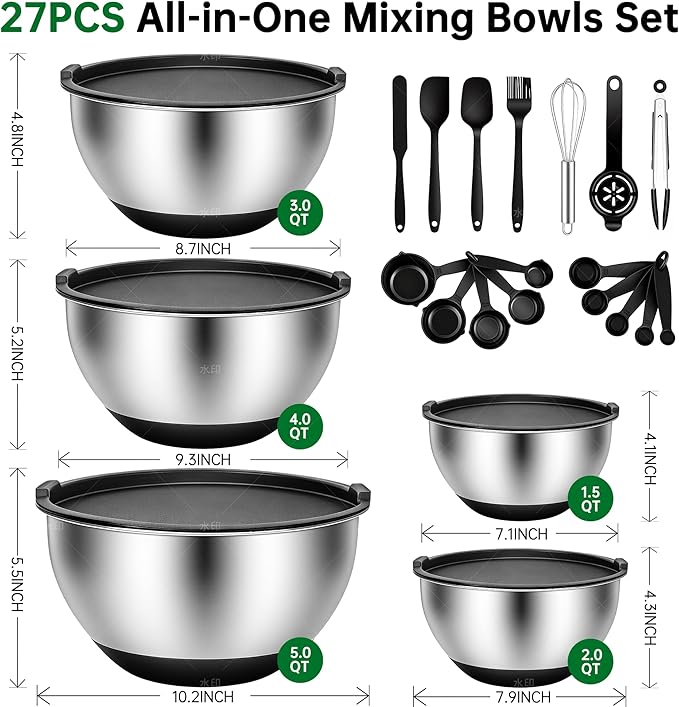Deedro Premium Mixing Bowls with Airtight Lids Set, 22Pcs Thicker Stainless Steel Mixing Bowl Set, Large Prep Metal Bowls, Non-Slip Silicone Base Nesting Bowls for Kitchen, 1.5/2/3/4/5 QT, Black