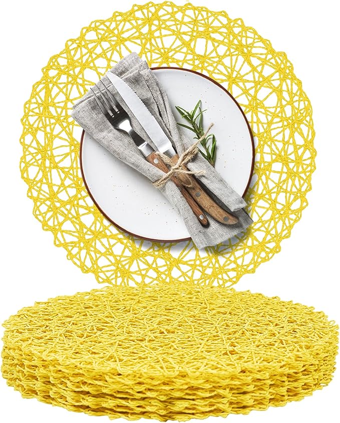 AHHFSMEI Paper Braided Round Placemats Set of 8 Natural Non-Slip Heat Resistant Table Mats for Dining Tables Woven Indoor Outdoor Place mats for(Yellow,8)