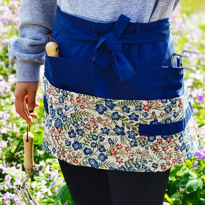 Garden Apron for Woman, Serve Apron Cute, Flora Half Apron with 8 Pockets, Valentines Gift for Mom Wife Girlfriend