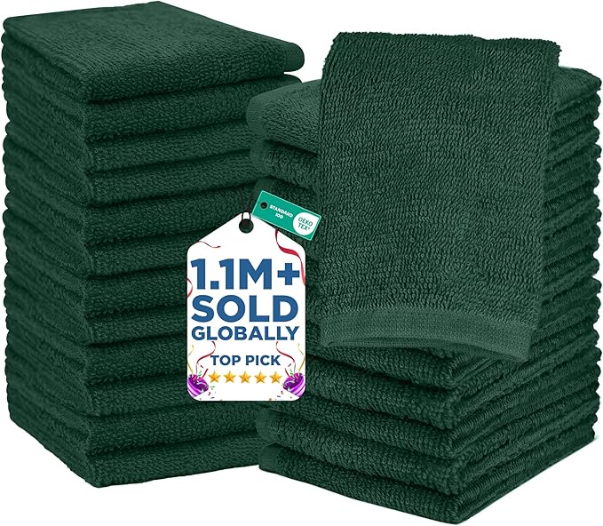 DAN RIVER 24 Pack Wash Cloths for Showering [12x12] - 100% Cotton Washcloths Premium Quality Flannel Face Cloths for Bathroom, Highly Absorbent and Soft Feel Wash Clothes, Huntergreen