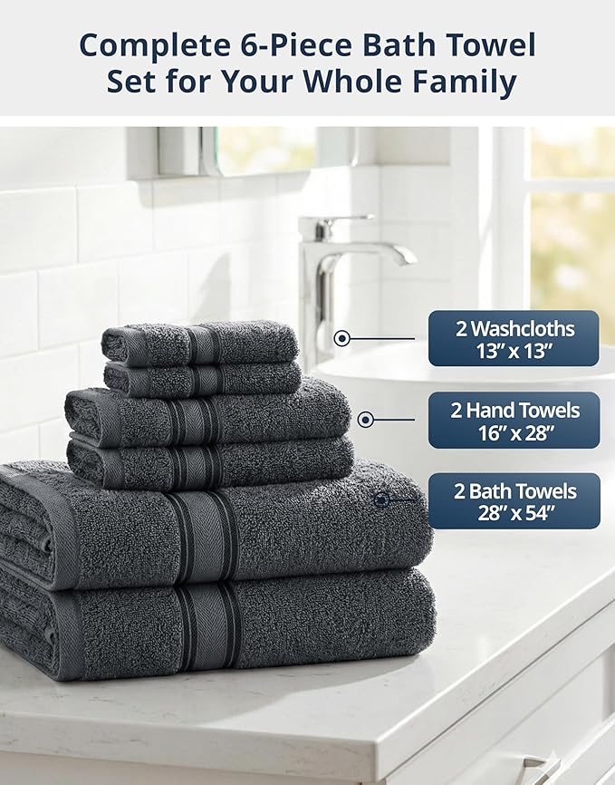 LANE LINEN Luxury Bath Towels Set - 6 Piece, 100% Cotton, Quick Dry, Soft & Absorbent, Zero Twist - 2 Bath Towels, 2 Hand Towels, 2 Washcloths - Cool Grey