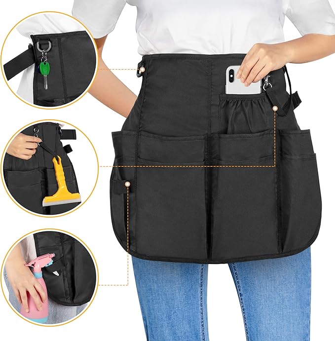 LoDrid Professional Cleaning Apron with 9 Pockets and Adjustable Waist Belt, Cleaning Caddy Aprons for Cleaning Work of House Hotel, Black