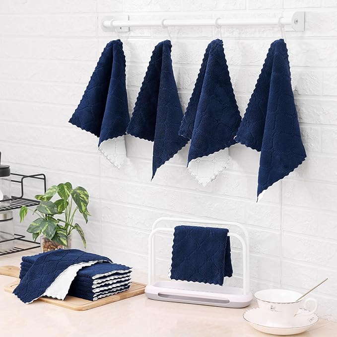 Mordimy 12 Pack Kitchen Cloths Dish Towels (10" x 10", Navy Blue & White), Super Soft and Absorbent Dish Cloths, Coral Velvet Microfiber Cleaning Cloth, Nonstick Oil Fast Dry Dishcloths
