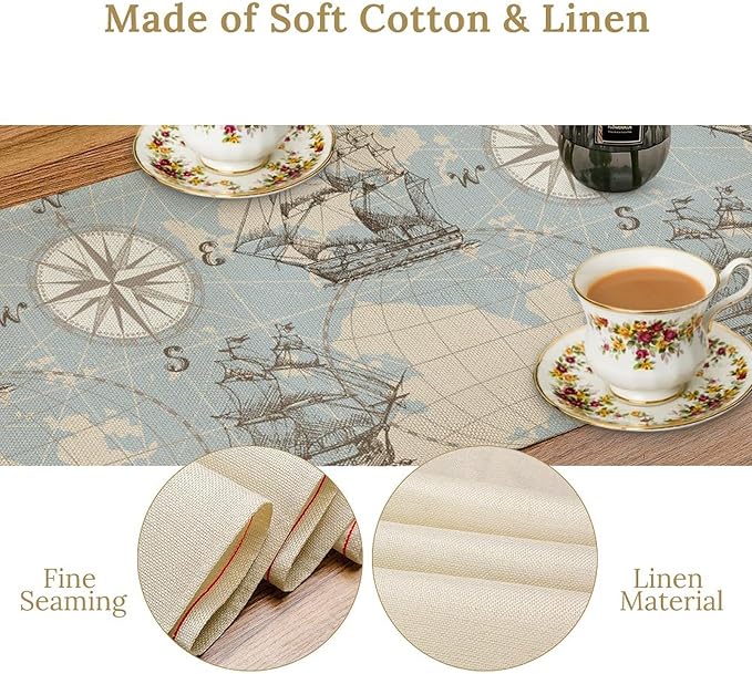 Nautical Table Runner Vintage Map Sailboat Art Printed Runner for Home Kitchen Dining Table Living Room Decor Fabric 1 Panel W13xL60in