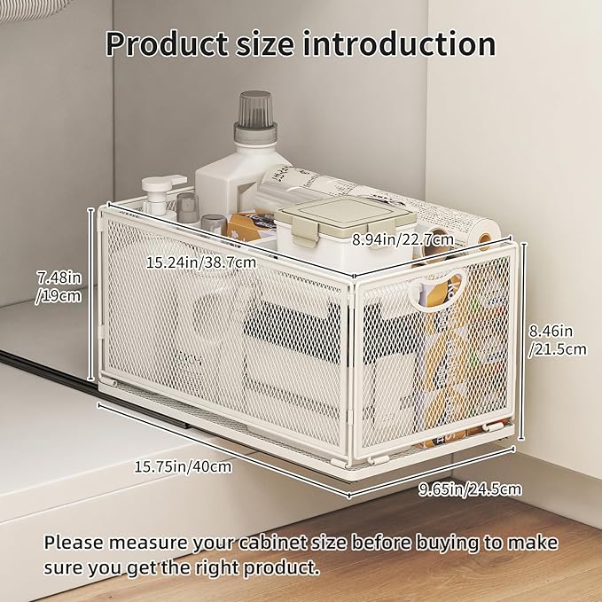 2 Pack Pull Out Cabinet Organizer, No Drill Adhesive Sliding Drawers for Kitchen, Metal Mesh Wire Storage Shelf for Pantry & Under Sink, White (9.6" W x 15.7" D x 8.4" H)