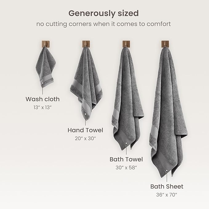 BIOWEAVES 100% Organic Cotton 700 GSM Plush 6-Piece Towel Set GOTS Certified, 2 Bath Towels, 2 Hand Towels & 2 Washcloths - Light Grey
