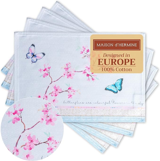Maison d' Hermine Placemats Set of 4 100% Cotton Washable Cloth Place Mats Reusable Table Mats for Kitchen Dining Party Wedding Gifts for Mothers Day Spring/Summer (Blossoms in Spring, 13" x 19")