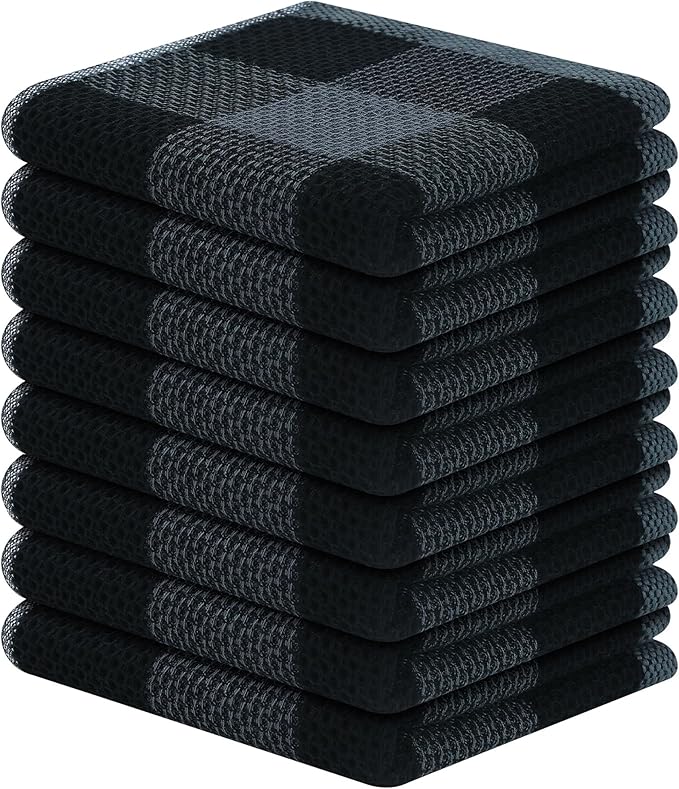Mordimy 100% Cotton Waffle Weave Plaid Dish Cloths, 12 x 12 Inches, Super Soft and Absorbent Quick Drying Buffalo Check Dish Rags for Kitchen, 8-Pack, Black & Grey