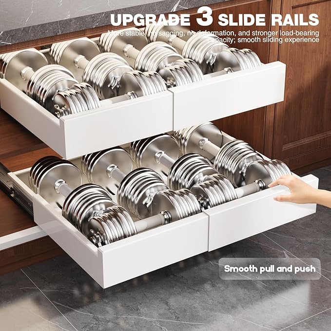 Seinloes 2 Pack Pull Out Cabinet Organizer Expandable Width(13"-21") and Depth(13"-17"),Slide Out Drawers With Raising Pad for Framed Cabinets,No Drill Roll Out Shelves for kitchen,Bathroom,White