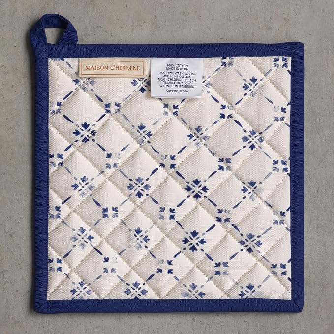 Maison d' Hermine Pot Holders 100% Cotton Heat Resistant Potholders 8" x 8" Hot Pads with Loop BBQ Cooking Baking Gifts for Mothers Day Handling Hot Pans Spring/Summer (Pack of 2, Faience)