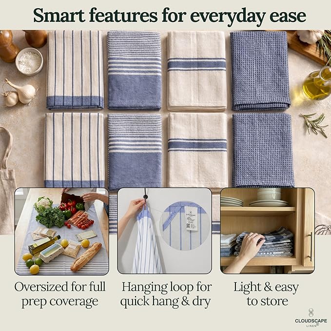 CLOUDSCAPE Kitchen Towels 12 Set 18”x28” Cotton Blended Hand Towels with Hanging Loop - Quick-Drying Dish Towels for Kitchen Essentials, Highly Absorbent, Dish Cloths Set for Washing Dishes - Indigo