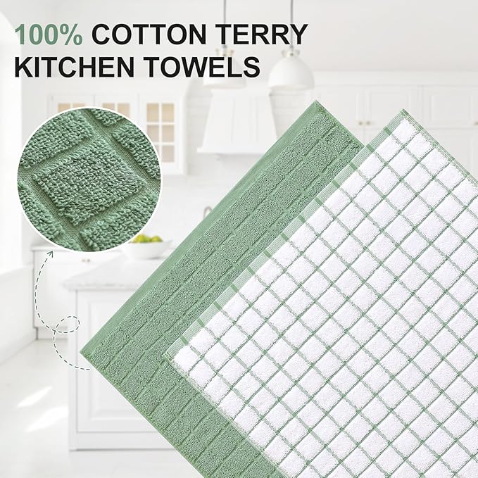Homaxy Premium Cotton Kitchen Towels 16"x 28", Large Natural Ring Spun 390 GSM Dish Towels, Super Absorbent Terry Kitchen Hand Towels, Soft Tea Towels with Hanging Loop, Grass Green Check, 8 Pack