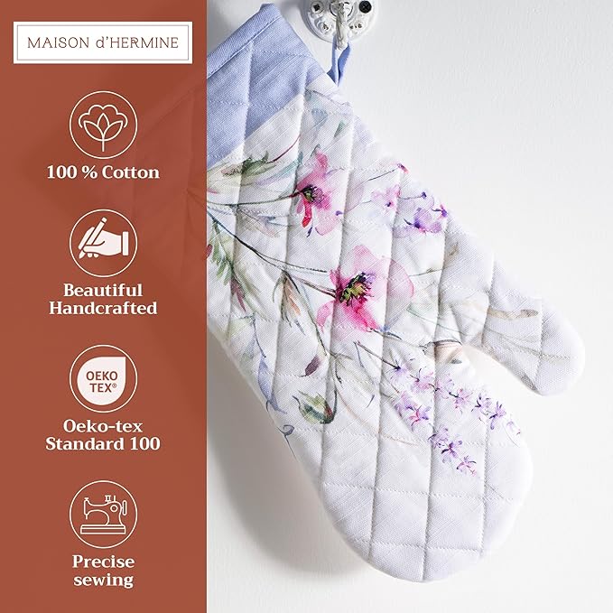 Maison d'Hermine Oven Gloves 100% Cotton Oven Mitt 7" x 13" with Loop Heat Resistant BBQ Cooking Gloves Baking Grilling Gifts for Mothers Day Spring/Summer (Pack of 1, Summer Floral)