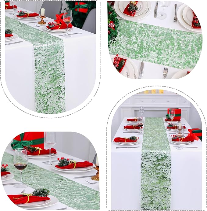 Snowkingdom Sage Green Table Runner, Sequin Glitter Foil Metallic Sage Green Mesh Spring Table Runner 11inch x 240inch,Table Decorations for Party Wedding Bridal Birthday Shower Christmas