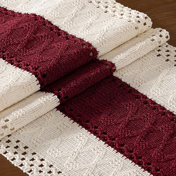 DeZerlor Boho Macrame Table Runner Farmhouse Woven Small Table Runner with Tassels 48 Inches Ivory& Burgundy Red Cotton Linen Kitchen Table Decor for Dining Dresser Home Tea Table Decor