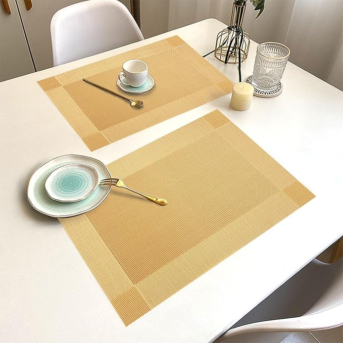 Placemats Set of 8 Washable&Wipeable Place mats for Dining Table Kitchen Indoor Outdoor Table Mats Heat Resistant Non Slip Woven Vinyl Table Placemats (Gold，8PCS)