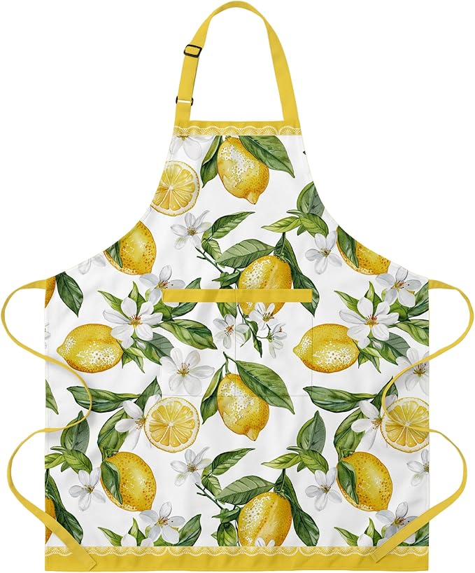 Cute Lemon Apron Gifts for Women, Fresh Citrus Kitchen Apron with Pockets Adjustable, Aesthetics Summer Cooking Baking Apron for Birthday Mother's Day, Lemon Lover Gift for Mom Wife Grandma