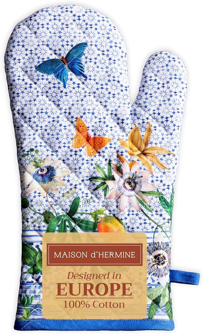 Maison d'Hermine Oven Gloves 100% Cotton Oven Mitt 7" x 13" with Loop Heat Resistant BBQ Cooking Gloves Baking Grilling Gifts for Mothers Day Spring/Summer (Pack of 1, Passiflora)