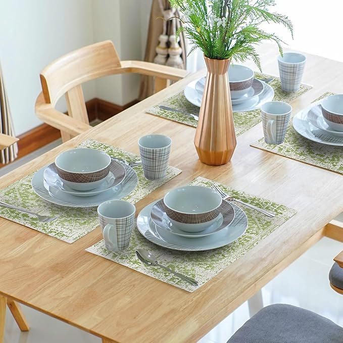 Gray Lime Green Boho Placemats Set of 4 Ethnic Bohemian Carpet Place Mats Washable Kitchen Dining Vintage Grey Geography Floral Linen Table Mats Stain Heat-Resistant for Home Party Indoor 12x18 in