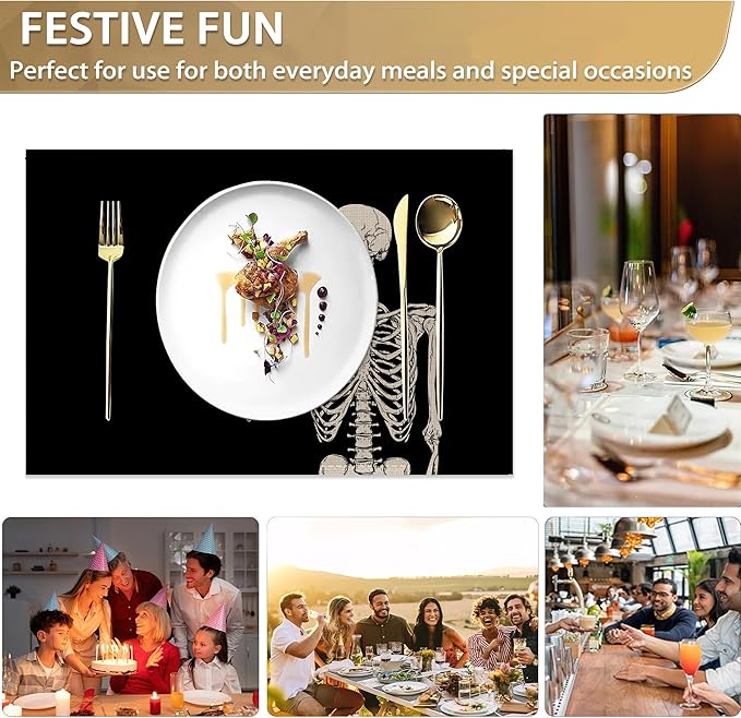 Funny Skull Skeleton Placemats Set of 6 Linen Washable, Heat-Resistant 12x18 Inch Table Place Mats for Kitchen Dining for Home Party Holidays