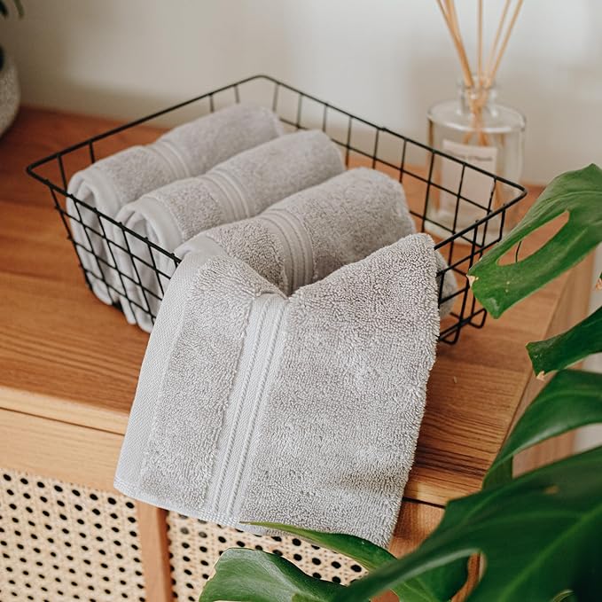 Milara Turkish Super-Plush Wash Cloths Set 4-Piece | Premium 100% Cotton Washcloths Absorbent, Durable with Hanging Loops | Silver Gray Bath Washcloths, (13 x 13 Inch)