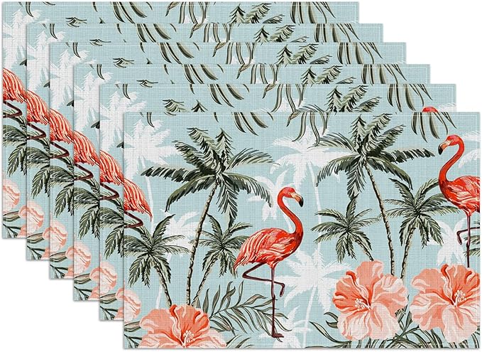 Flamingo Floral Palm Placemats Set of 6, Tropical Flower Tree Washable Linen Place Mat Heat Resistant Non Slip Kitchen Dining Table Mats 12x18 Inch