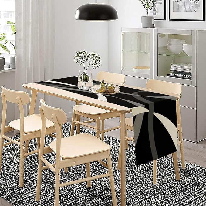 Gray Abstract Geometric Table Runner Grey and White Striped Black Background Modern Kitchen Dinner Runner for Indoor Home Living Room Party Dining Table Decoration 13"x90"