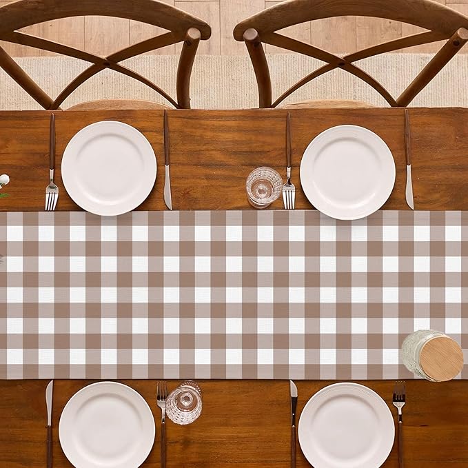 Khaki Gingham Table Runner Light Brown Khaki and White Checkered Birthday Wedding Baby Shower Party Decoration BBQ Picnic Home Kitchen Table Decor (13" x 72")