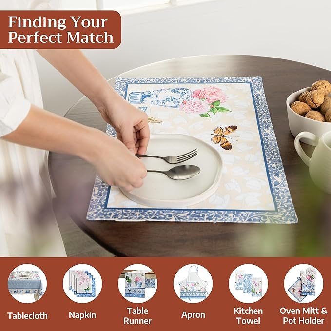 Maison d' Hermine Placemats Set of 4 100% Cotton Washable Cloth Place Mats Reusable Table Mats for Kitchen Dining Party Wedding Gifts for Mothers Day Spring/Summer (Canton, 13" x 19")