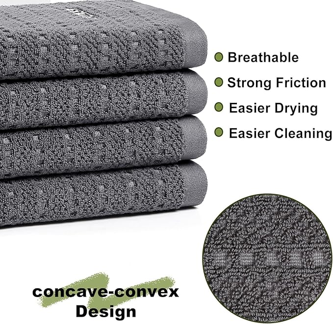 SALAS Kitchen Dish Towels, Bulk Cotton Kitchen Hand Towels, 390 GMS Plaid Dish Cloths Rags for Drying Dishes with Hanging Loop, 16‘’ x 26‘’, 4 Packs, Grey