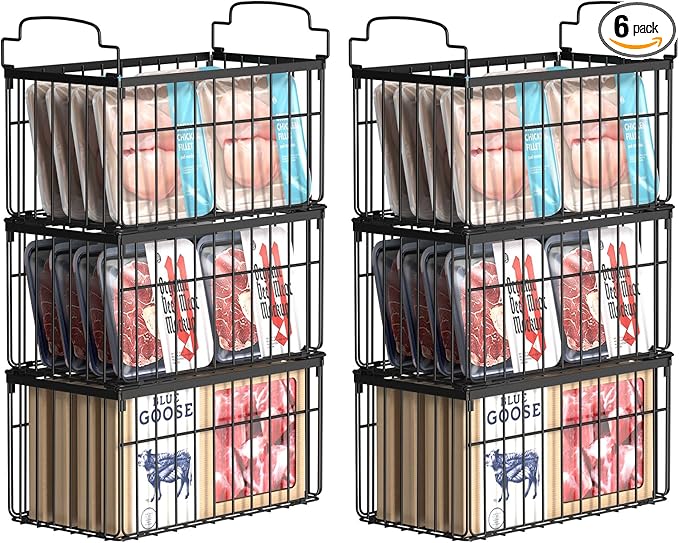 MSERCUOR Freezer Organizer Bins, 6 Pack Stackable Deep Chest Freezer Organizer Bins, Foldable Baskets with Handles, Black Storage Container Baskets for 5/ 7 Cu.FT Deep Freezer Sort Frozen Meats