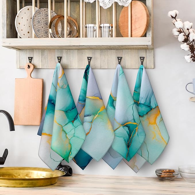 Teal Gold Kitchen Towel Set of 4 Soft Absorbent Marble Texture Turquoise Decorative Hand Towels Abstract Modern Dish Towels for Kitchen Drying Farmhouse Home Decor 16"x24"