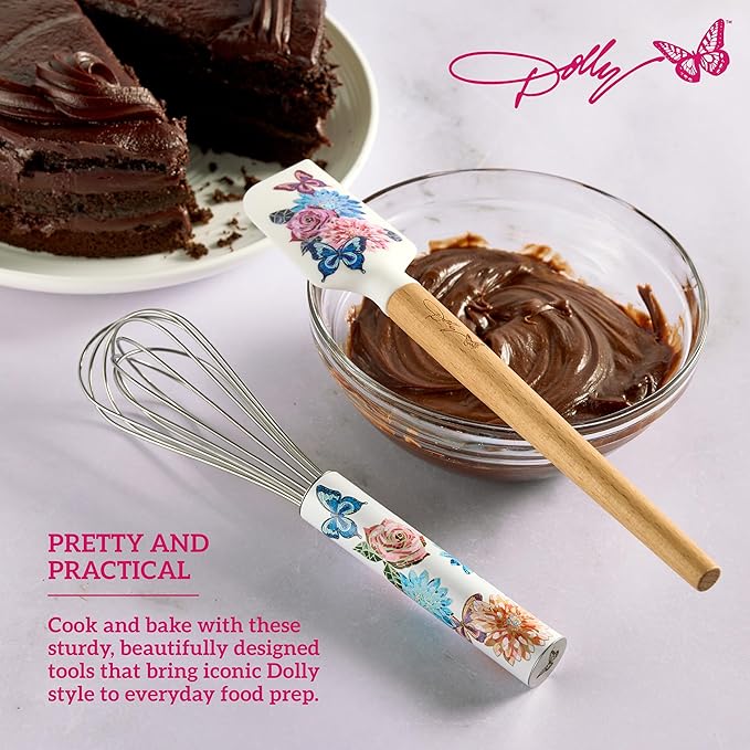 Dolly Parton Spatula and Whisk Set - Rose Kitchen Utensils with Floral and Butterfly Pattern Design - Heat Resistant Silicone Cooking Tools - 2 Piece Baking Essentials Set